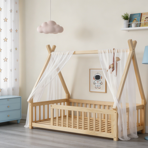 Natural Twin Teepee Montessori Floor Bed with Fence Door