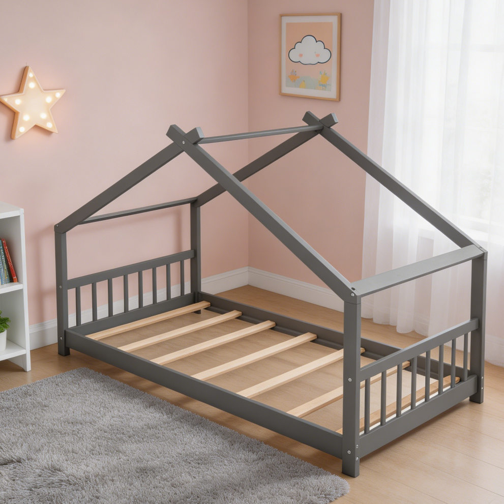 Grey Twin House Montessori Bed with Headboard Footboard